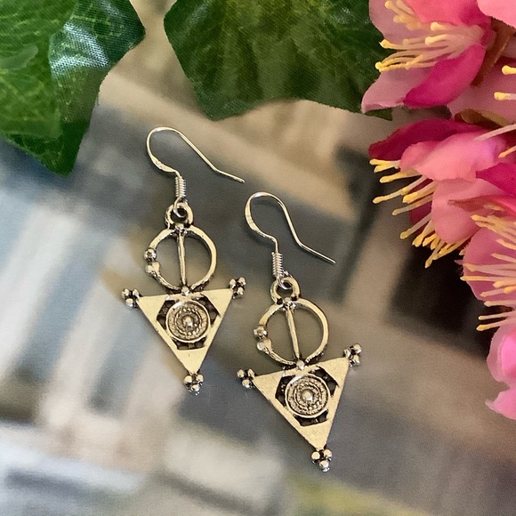 🌸 CELTIC EARRINGS TRIBAL AZTEC DANGLE 925 BOHO CHIC TRIANGLE SILVER BOHEMIAN - Picture 5 of 13